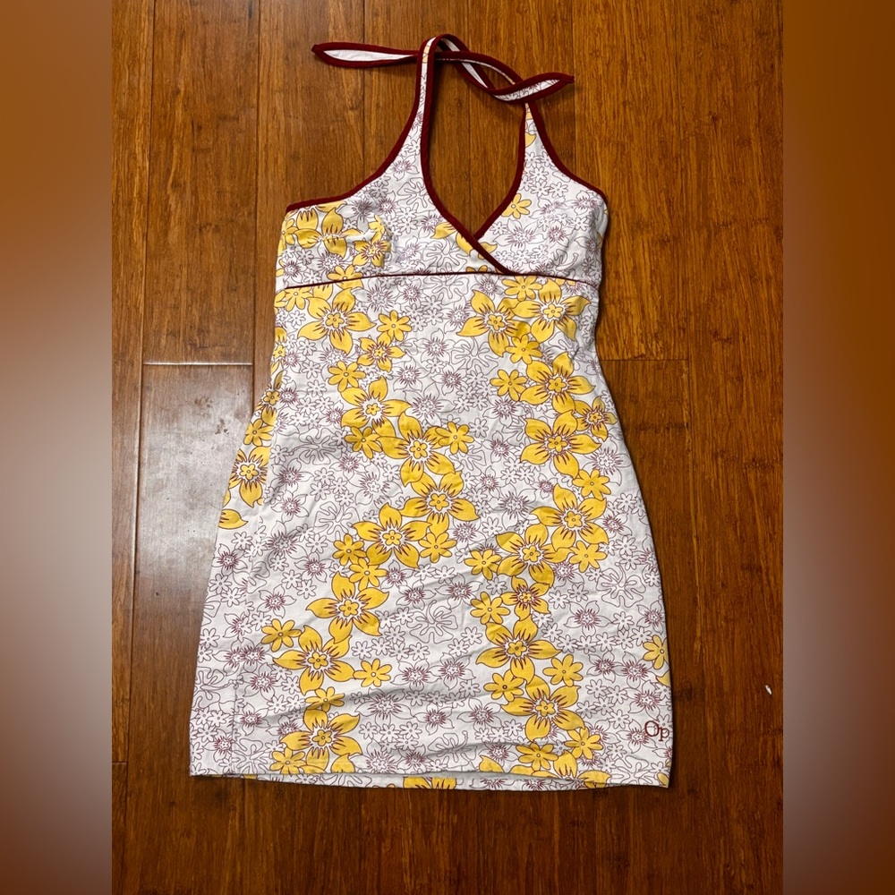90s Ocean Pacific Floral Halter Dress with Yellow and Red Accents